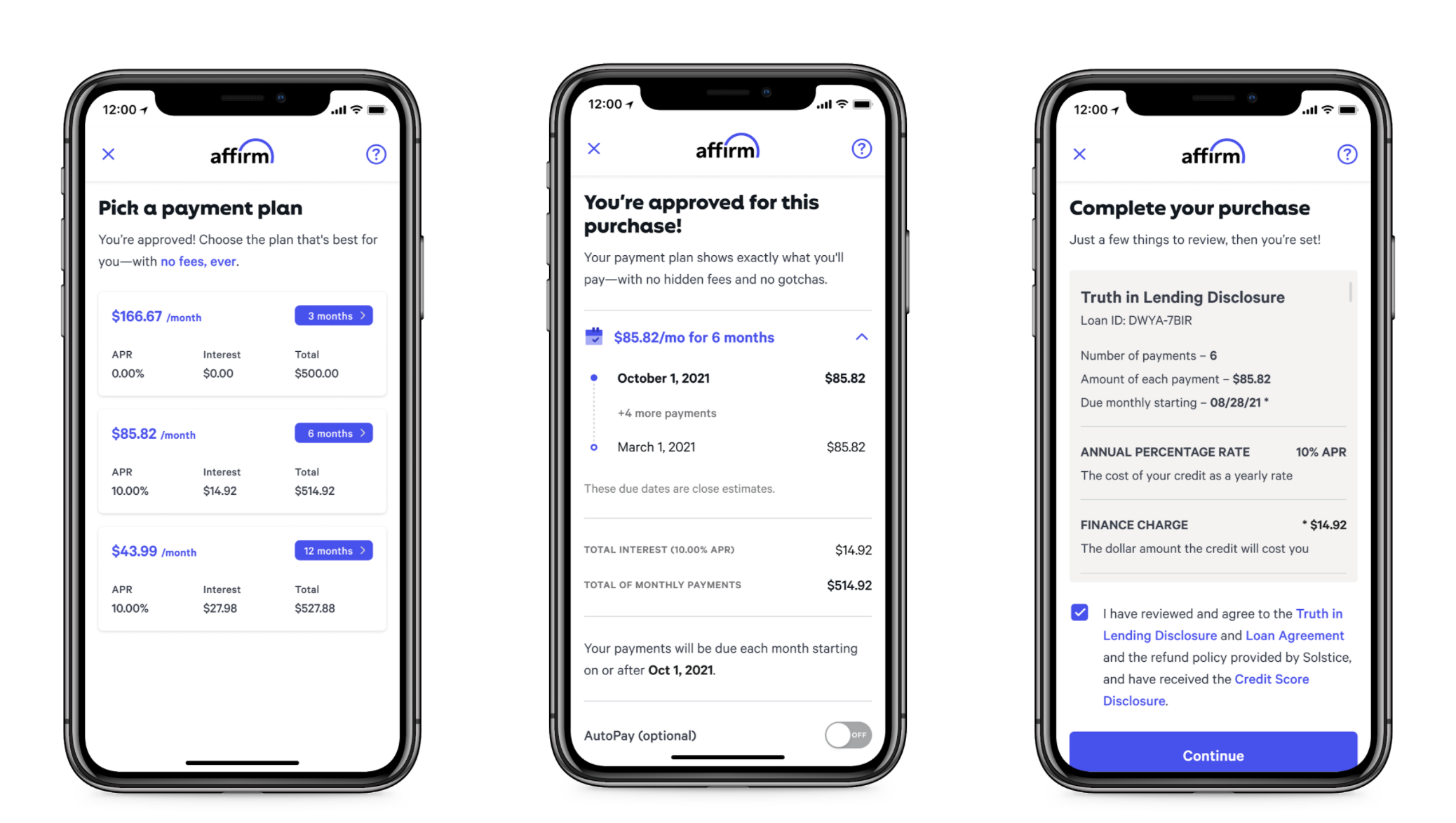 Phone graphic with 3 images:  A. If approved, you will receive your loan terms & pick a payment plan.<br />
B. Confirm payment plan.<br />
C. Complete purchase.