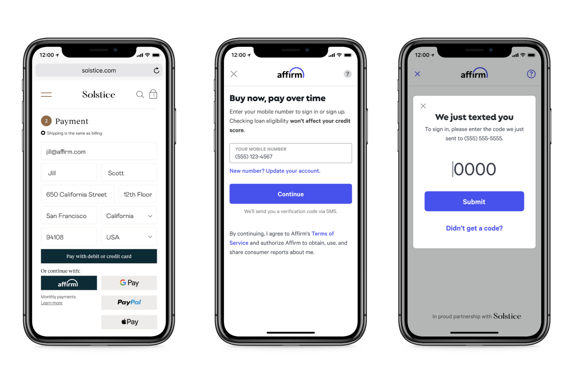 Customer initiates checkout process graphic. Picture is 3 sections: 1. Select Affirm at checkout on our site.<br />
2. You will be redirected to an Affirm modal or pop-up.<br />
3. Enter phone # to receive a text with a pin to create or sign into your account.