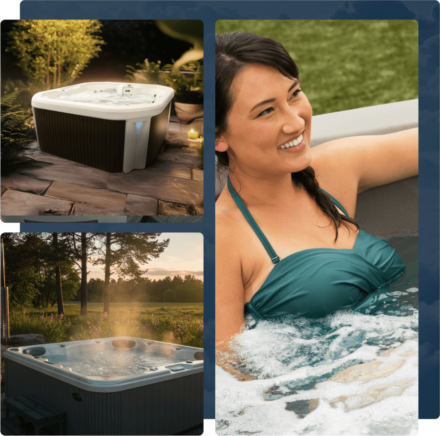 our story Image with three sections, first is a picture of a spa, second is a lady sitting on a spa, third is a spa full of water
